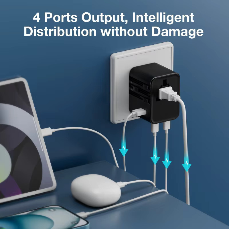 Jingmin Universal-Reiseadapter Schwarz mit 4 Wechselstrom-Steckdosen, 1 USB-Anschluss und 2 Typ-C-PD 25W All-in-One-Schnellladung für EU, UK und US - Bild 2