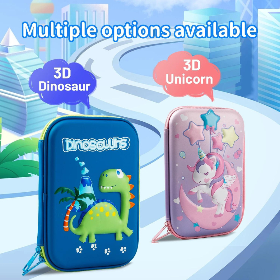 Super Six Stiftebeutel mit 3D-Einhorn und Dinosaurier Motiv aus Kunstleder in Multicolour für Schüler - Bild 1