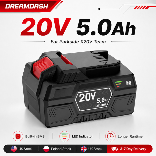 Dreamdash 20V 5.0Ah Li-Ionen-Ersatzakku in Schwarz für Parkside X20V Team PAP 20 A1 B1 B3 A3 PAPS 208 A1 Akku-Werkzeuge mit integriertem BMS und LED-Anzeige - Bild 1