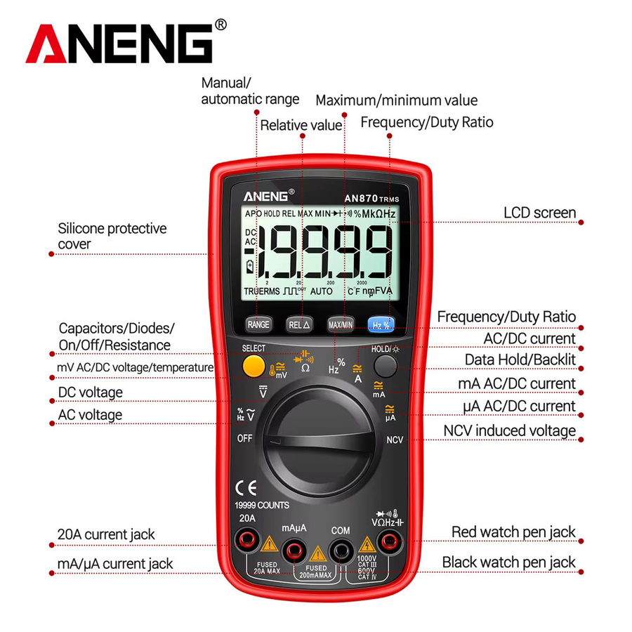 ANENG AN870 Digitalmultimeter True RMS AC/DC Strommesser und professioneller Spannungsprüfer in Rot - Bild 6