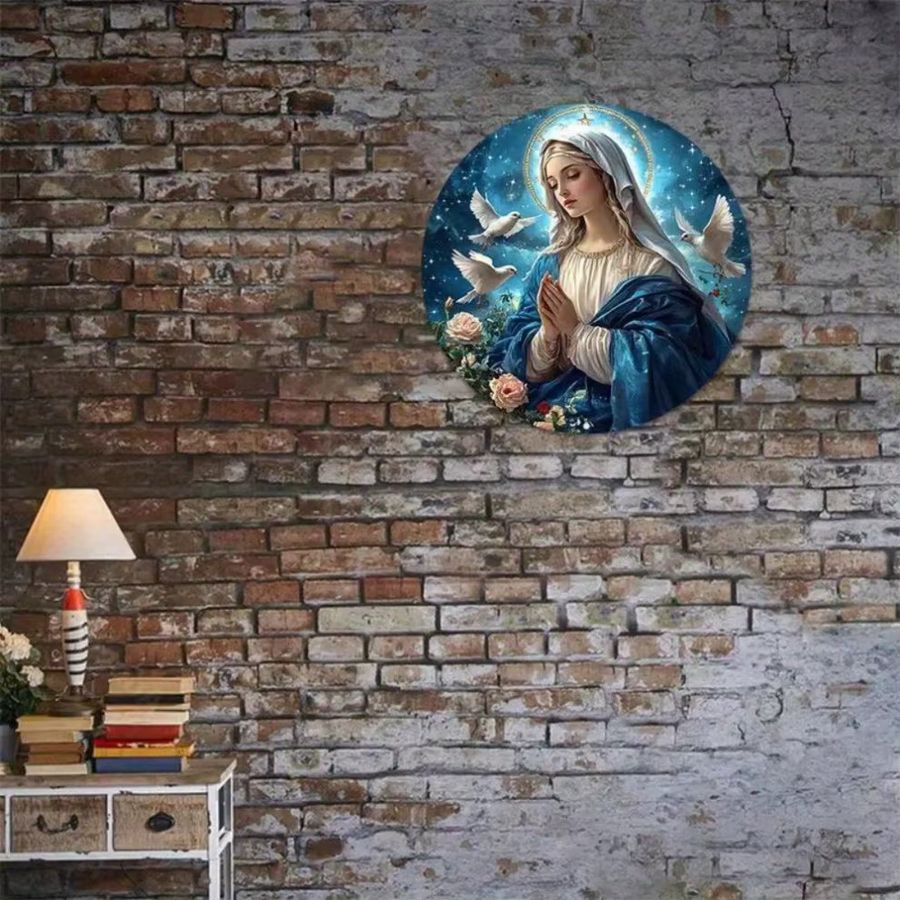 HELLOYOUNG Religiöse Wandkunst Jungfrau Maria mit Sternennacht und Taubenblumen-Design aus Aluminium, Höhe: 20,3 cm, Breite: 20,3 cm, Tiefe: 1,0 cm - Bild 2