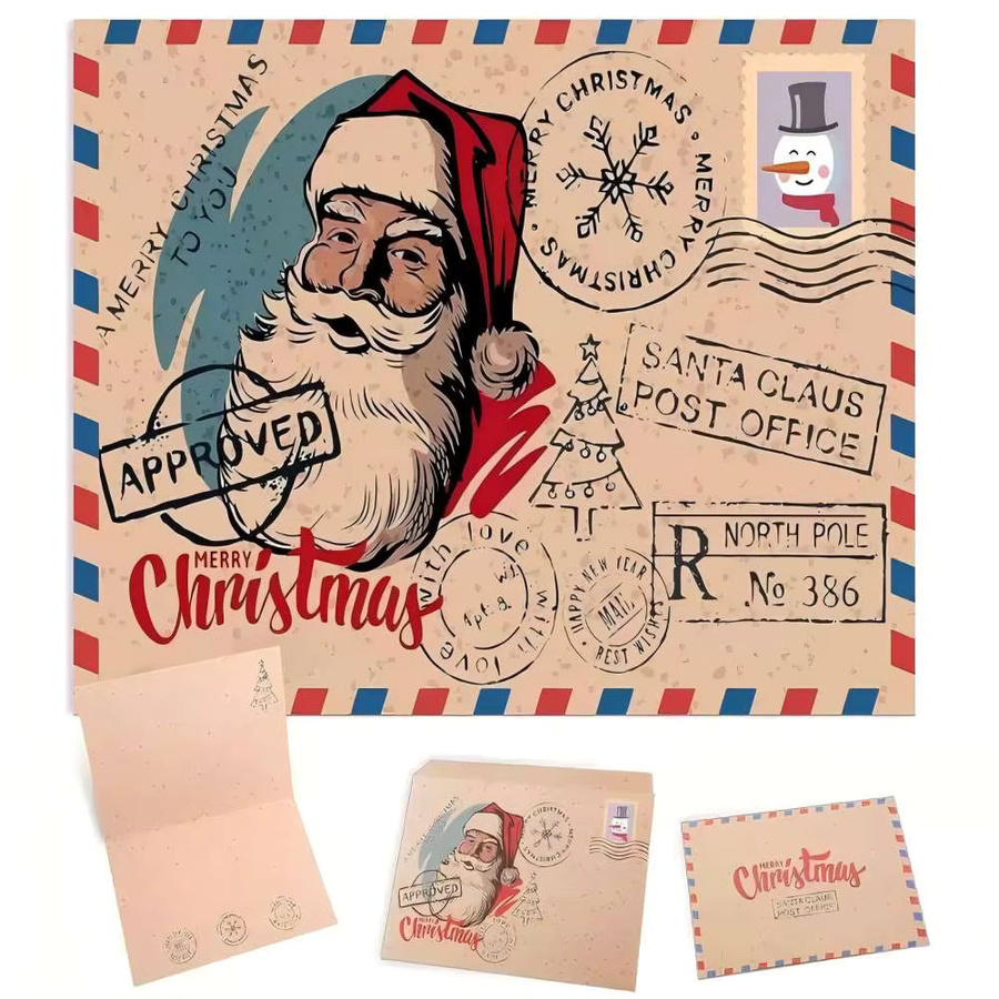 5-teiliges Set Vintage Weihnachts-Postkarten mit Umschlägen in Grün und Mehrfarbig - Bild 4