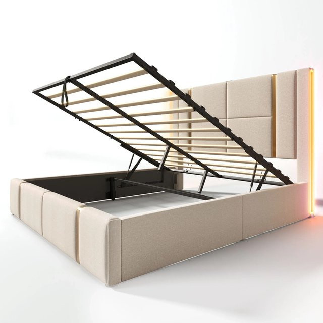 okwish Polsterbett mit Stauraum und LED-Beleuchtung in Beige, B/T/H: 140 x 200 x 46,5 cm, inklusive USB Type-C Ladefunktion und APP-Steuerung, ohne Matratze - Bild 1