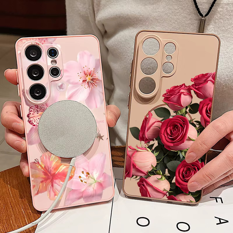 Magnetische Handyhülle mit rosa Blumenmuster für Samsung Galaxy S26 S25 S24 S23 Ultra FE A55 A36 A16 Hartschalen-Cover in Pink und Orange - Bild 2
