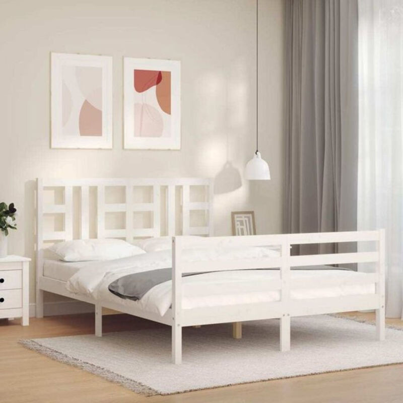Massivholzbett aus Kiefer mit Kopfteil von Vidaxl in Weiß im Landhausstil und minimalistischem Design B/T/H: 200 x 150 x 155,5 cm - Bild 1