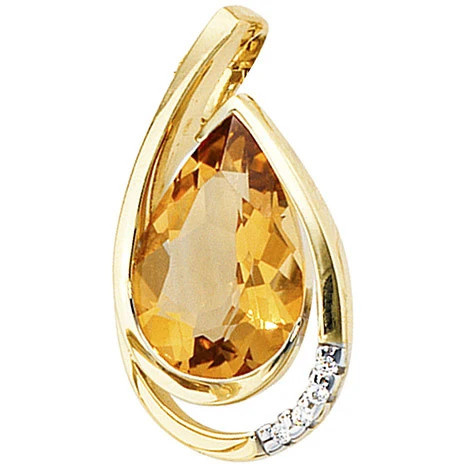 Colfem Anhänger Tropfen, 585 Gelbgold, 4 Diamanten, 1 Citrin - Bild 1