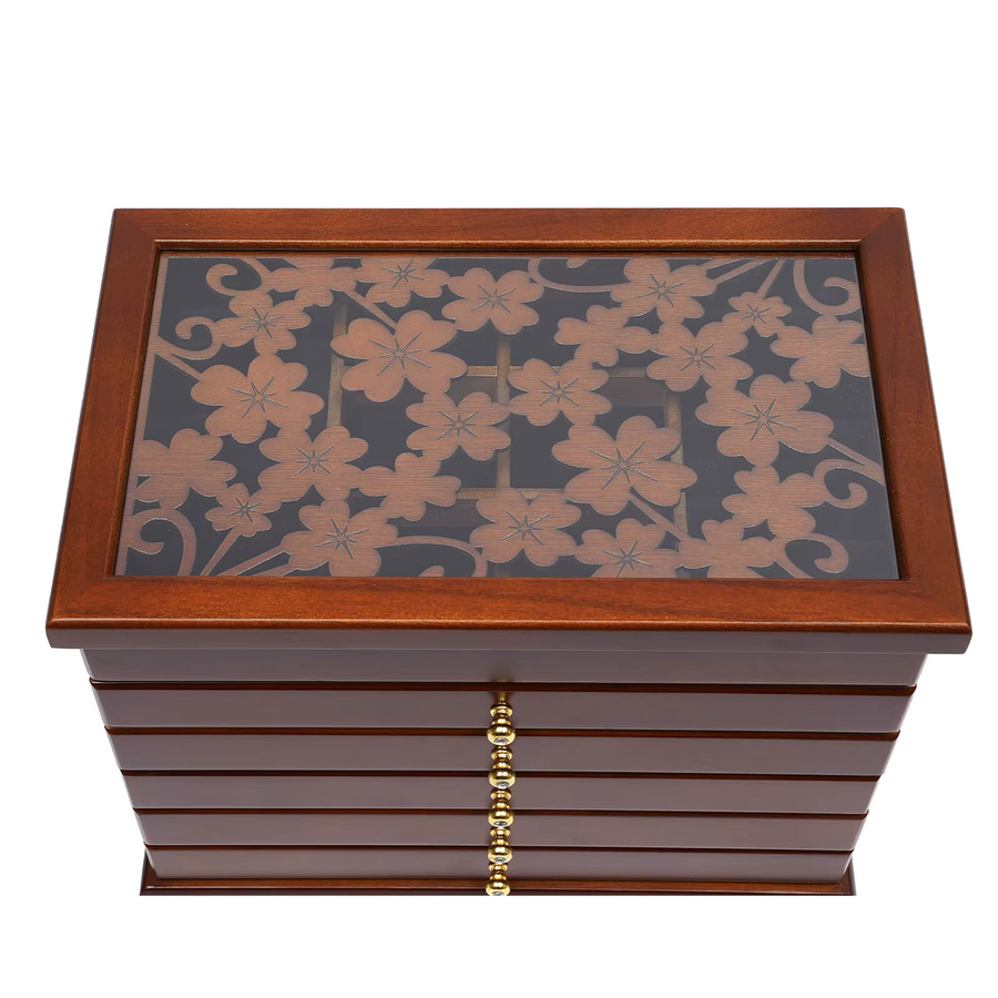 Bymaocar Schmuckschatulle aus Holz in Braun mit 6 Stufen als multifunktionaler Schmuck-Organizer für Ringe und Ohrringe - Bild 4