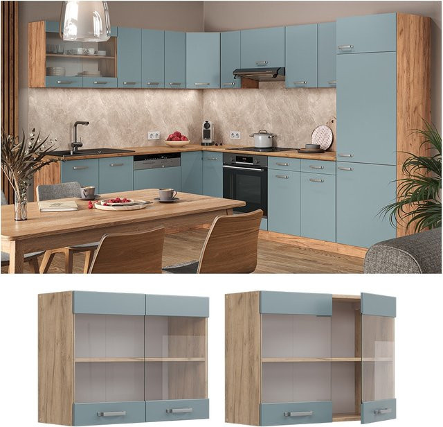 Vicco R-Line Glashängeschrank Küchenschrank in Eiche mit Glasfronten, Blau-Grau, B: 80 cm, H: 60 cm, T: 31 cm - Bild 1