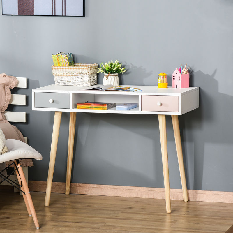 HOMCOM Kinder Schreibtisch mit Schublade und Kiefernholzbeinen, mehrfarbig (pink, grau, weiß), B/T/H: 100 x 48 x 76,5 cm - Bild 2