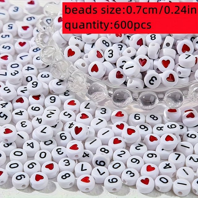 QYWCTZ Abstandsperlen Acryl, Schwarz-Weiß-Zahlen, rote Herzperlen, 7 mm - Bild 1