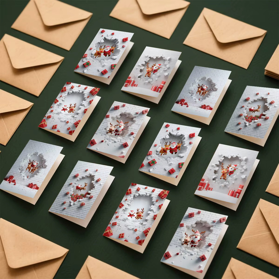 Set aus Weihnachtskarten mit Umschlägen, Pop-Up Grußkarten mit Weihnachtsmann und Rentier, glitzernd, B: 9 cm, H: 13 cm - Bild 5
