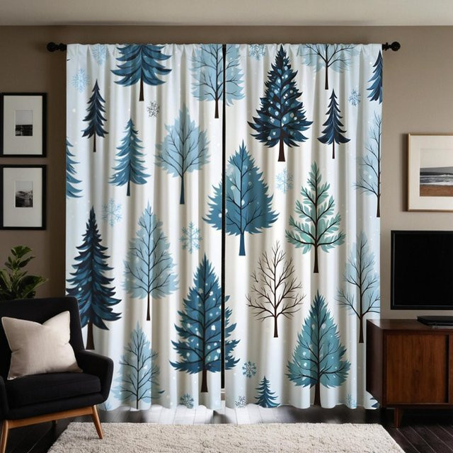 2er Set Weihnachts-Vorhang mit Kiefern und Schneeflocken, digital bedruckter Dekovorhang in Weiß und Blau, B: 132 cm, H: 160 cm - Bild 1