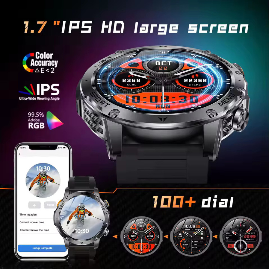 Militär-Smartwatch T-Rex 3 Ultra in Schwarz mit 1000mAh Akku, IP68 wasserdicht, Fitness-Tracker mit Herzfrequenzmessung und Taschenlampe für Herren - Bild 2