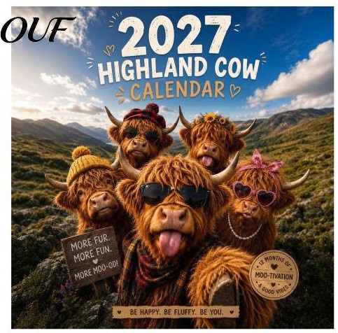 Wandkalender 2027 von Borderless Boutique mit Hochlandrind Motiv in Mehrfarbig, Rustikaler 12-Monats-Planer als Wanddeko - Bild 1