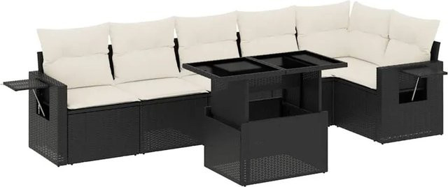 vidaXL 7-teilige Garten-Sofagarnitur in L-Form aus Poly-Rattan mit Kissen in Schwarz-Creme - Bild 1