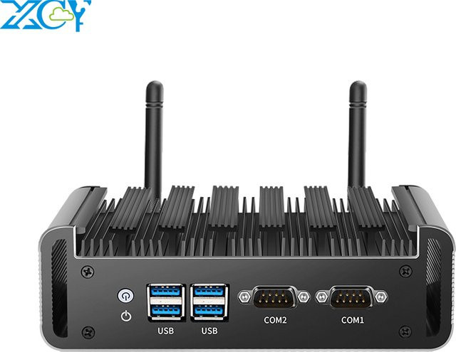 XCY Lüfterloser Mini-PC mit Intel Core Prozessen, 2x RS232, 2x GbE, HDMI, VGA, 4x USB, WLAN, Schwarz - Bild 1