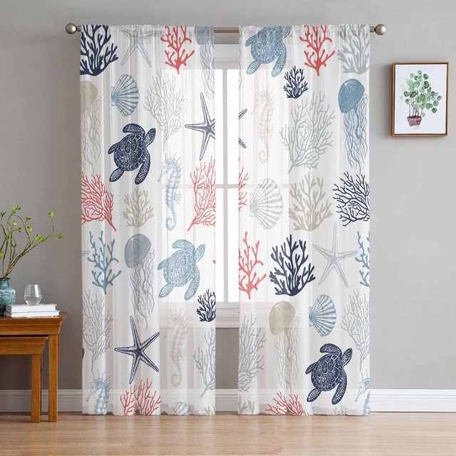 Transparente Tüll-Gardine mit Meeresmotiven wie Schildkröten, Seesternen und Korallen, Farbe Transparent, B: 135 cm, H: 160 cm - Bild 1