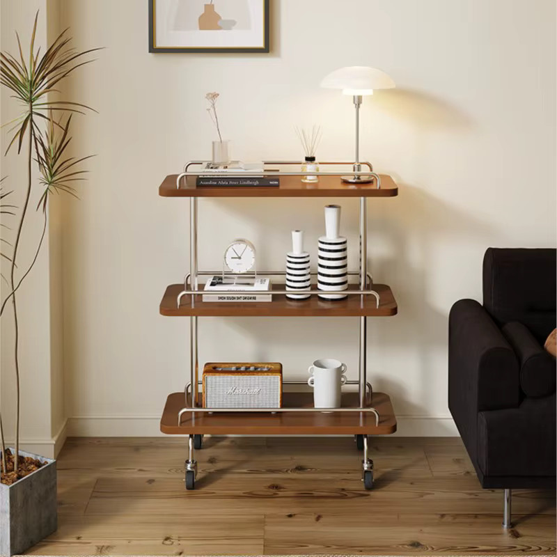 UOSU MOMO Art Retro-Wagen aus Holz mit schmalem Regal in Braun oder Rot, beweglicher Beistelltisch im Mid-Century-Stil mit Rollen - Bild 3