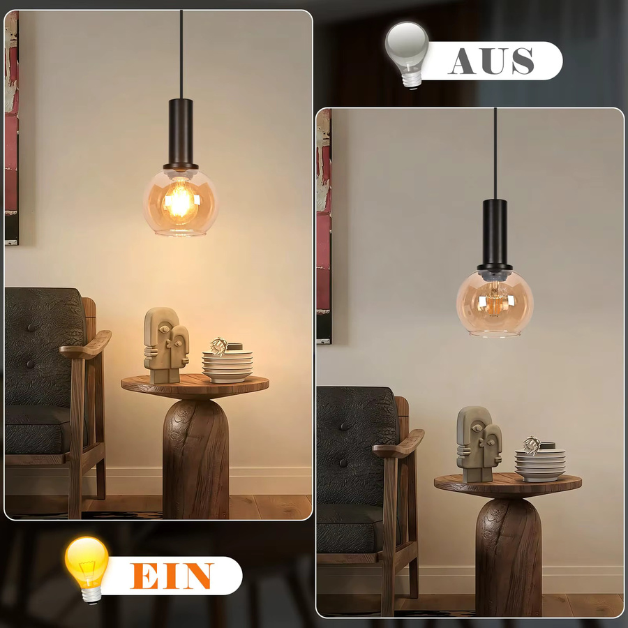 Vintage Pendelleuchte aus Glas und Metall in Schwarz und Transparent, höhenverstellbare Hängelampe im Retro-Design für Esszimmer und Schlafzimmer mit E27 Fassung - Bild 3