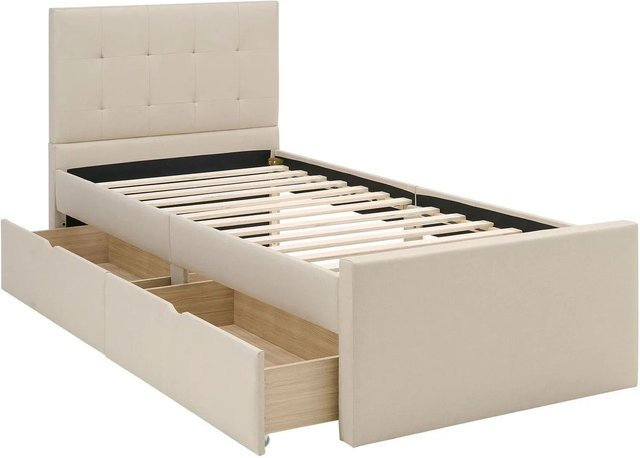 Homestyle4u Polsterbett Einzelbett mit Schubladen in Beige, B/T/H: 90 x 200 x 102 cm - Bild 1
