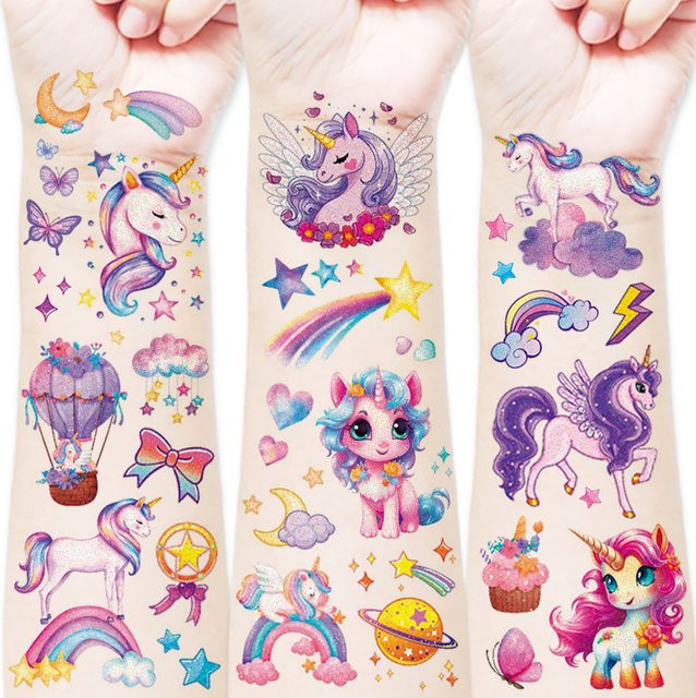 ROCOOART 12er Set Temporäre Tattoos mit Einhorn und Meerjungfrau Motiven in Bunt und Grün, Wasserdichte Glitter Körperkunst Aufkleber für Kinder und Erwachsene - Bild 1