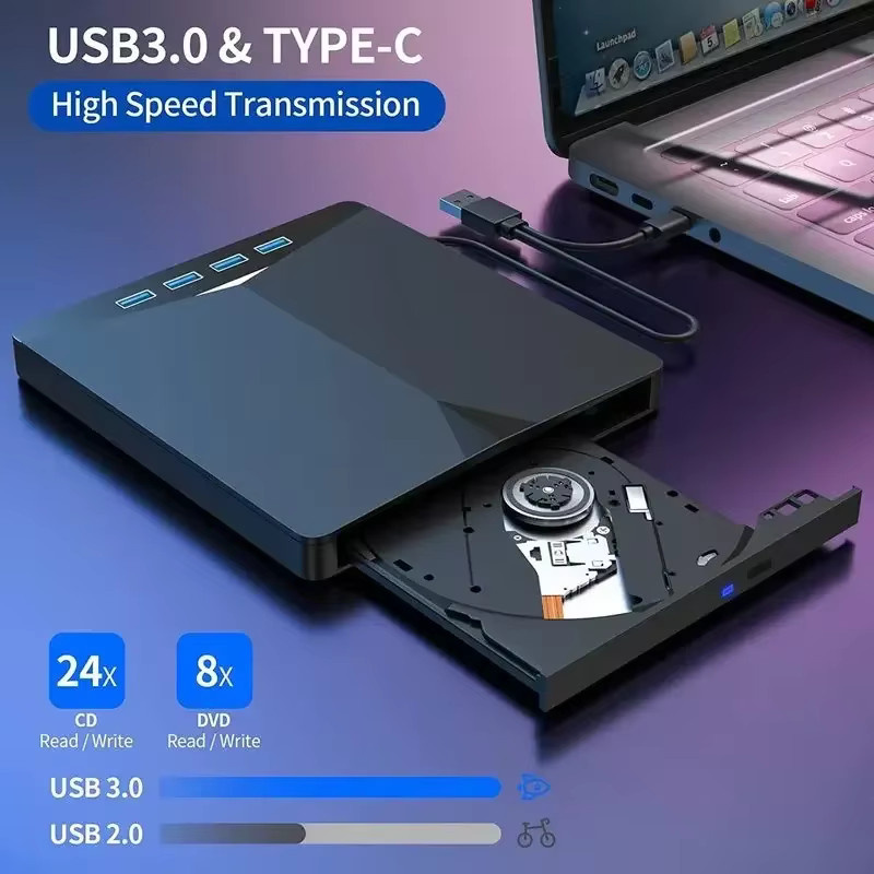 GGBEE 7-in-1 Externes DVD-RW-CD-Laufwerk mit USB-C und USB 3.0, Tragbares Optisches Laufwerk für Laptop und PC, Schwarz - Bild 2