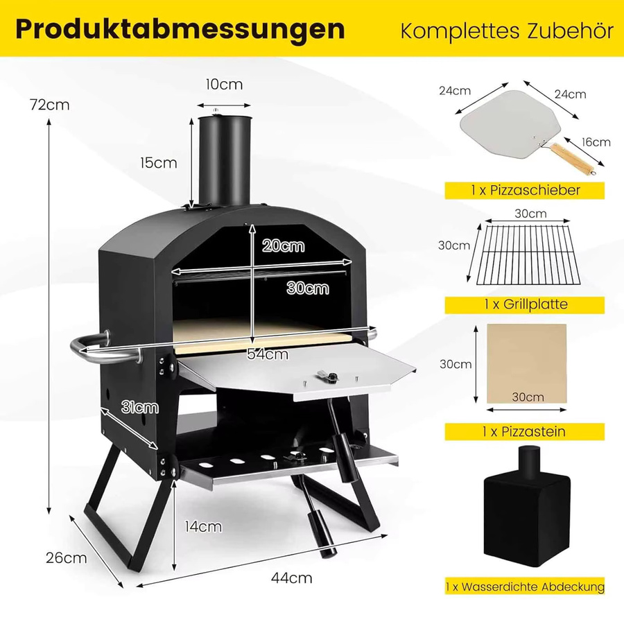 GOFLAME Outdoor-Pizzaofen in Schwarz mit Grillrost, Pizzastein, Pizzaschaufel und wasserdichter Abdeckung, B/T/H: 72,0 x 54,0 x 5,0 cm - Bild 4