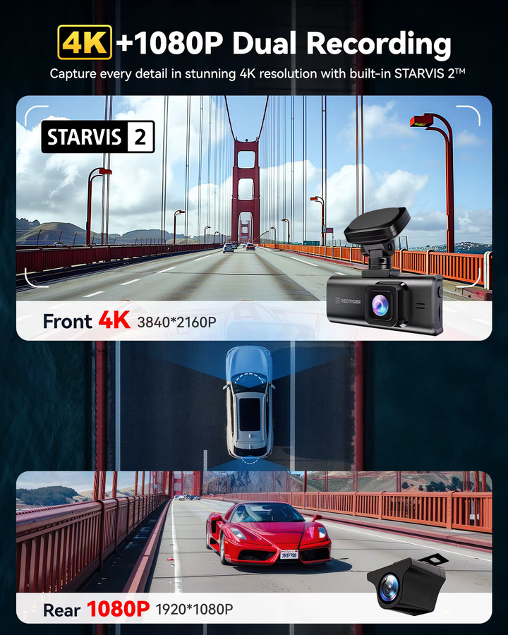 REDTIGER F7N ELITE 4K Dashcam Set vorne und hinten in Schwarz mit STARVIS 2 Sensor, 5,8GHz WLAN und GPS - Bild 2