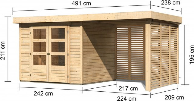 Gartenhaus Holz ASKOLA 3 Flachdachhaus in Naturbelassen mit Anbaudach B: 242 cm, H: 217 cm, Wandstärke: 19 mm - Bild 1
