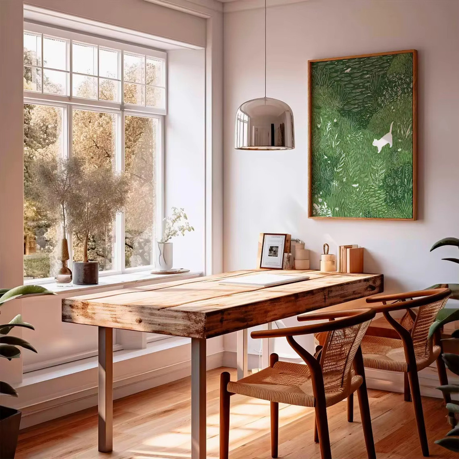 Weiße Katze in der Wiese Poster von SHENCHEN, skurrile Tier-Wandkunst im skandinavischen Stil als Natur-Illustration auf Papier - Bild 2