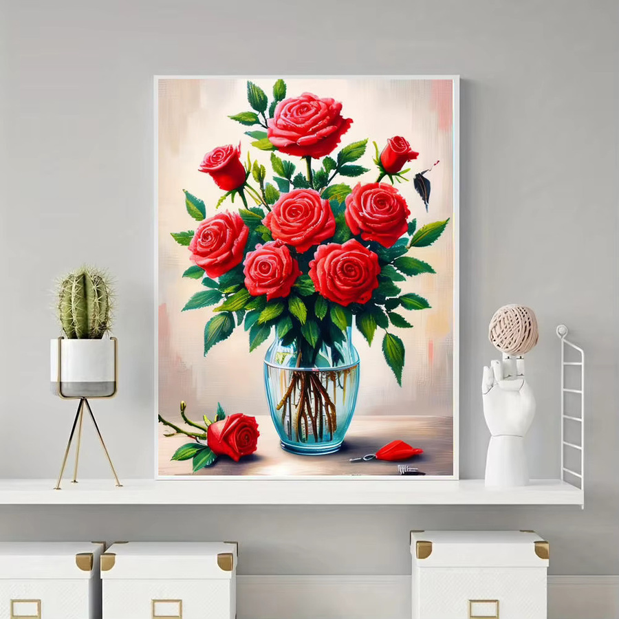 HUACAN Diamantmalerei Set Elegante Blumenvase mit roten Rosen, 5D Diamant Stickerei DIY Kunst Set, B/H: 20 x 30 cm - Bild 4