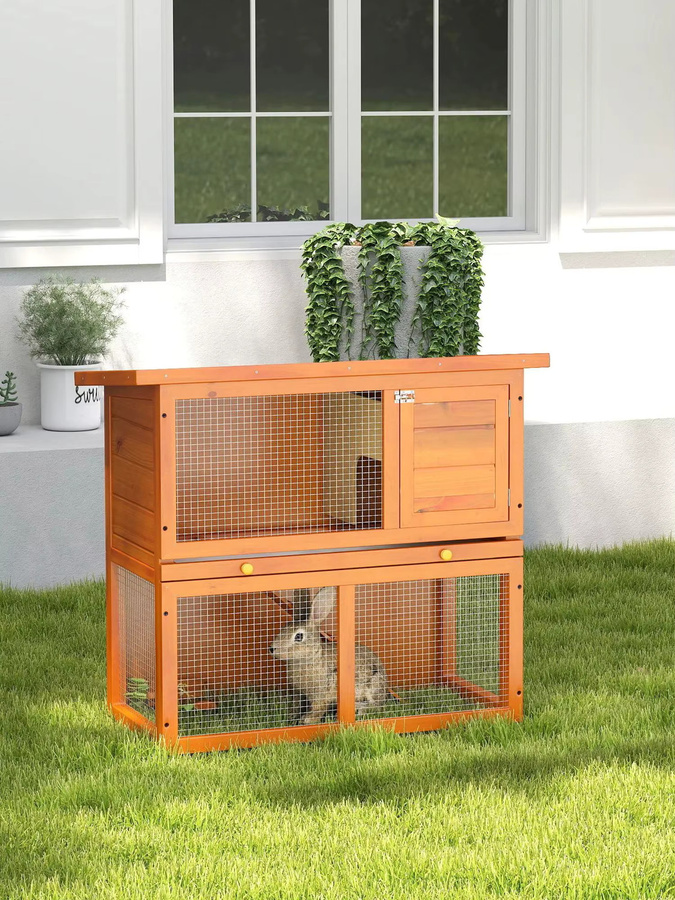 PawHut Kleintierstall aus Tannenholz und Fichtenholz mit verzinktem Draht in Gelb und Grün, B/T/H: 90 x 45 x 80 cm - Bild 5