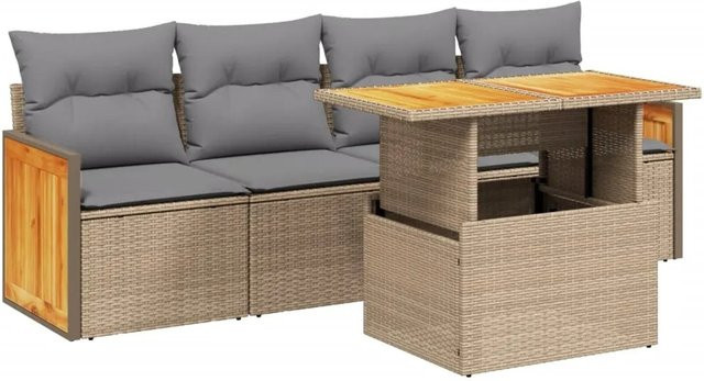 vidaXL 5-tlg Garten-Sofagarnitur aus Poly Rattan in L-Form mit Kissen und Ottoman, Beige - Bild 1