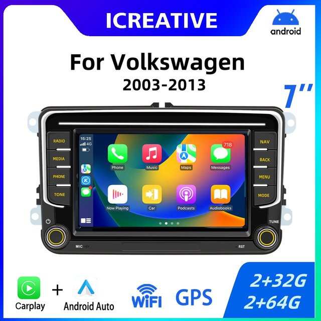 Icreative Android 2Din Autoradio mit GPS und Carplay für Volkswagen Golf 5 6 Polo Passat B6 B7 Jetta Caddy Touran in Schwarz - Bild 1