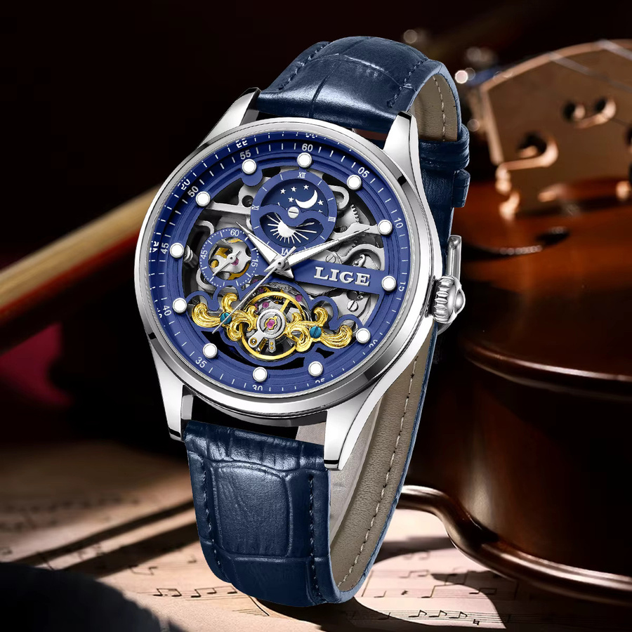 LIGE Armbanduhr Automatik, Schwarz Rot, Leder, Herren - Bild 2