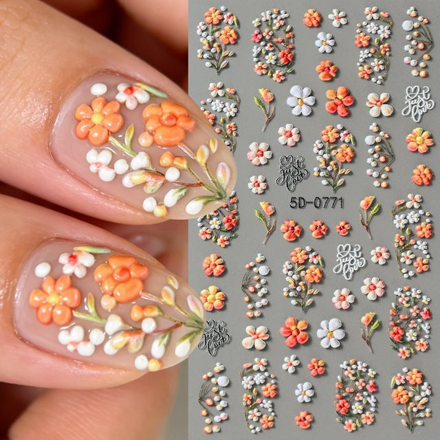 MAFANAILS Nagelsticker, 5D Gänseblümchen, Orange & Weiß, Glänzend - Bild 1