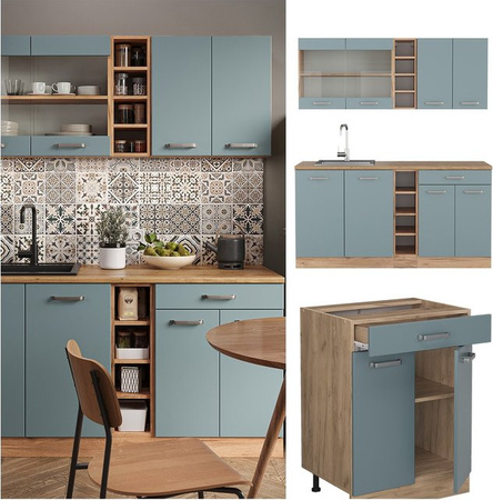 Vicco Küchenzeile R-Line Solid Eiche in Blau-Grau mit Breite: 160 cm