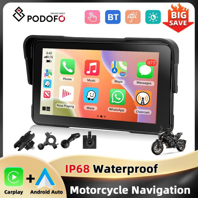 Podofo 5 Zoll Motorrad-Monitor mit Carplay und Android Auto, IP68 wasserdichter Bluetooth Smart Screen Player in Schwarz - Bild 1