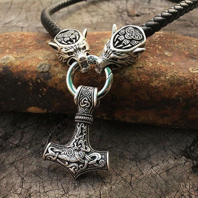 Wucifang Jewelry Halskette Herren, Wikinger-Wolfskopf, Thorshammer Mjölnir, Silber, Zinklegierung, 40cm - Bild 1