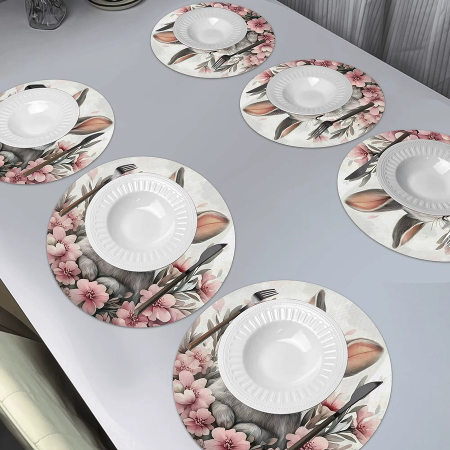 VIKAMA Runde Esstischmatte aus Leinen mit Ostern-Kaninchen und Blumen-Design, rutschfest, Mehrfarbig, Durchmesser: 38 cm - Bild 2