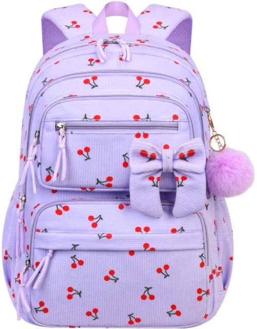 OKKID Schulrucksack für Mädchen in Lila mit Kirsch-Schleife aus Corduroy inklusive Federmäppchen - Bild 1