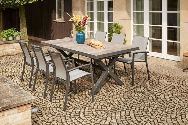 Siena Garden Velia Sincro Garten-Essgruppe in Anthrazit und Natur-Grau mit 6 Sesseln und Ausziehtisch aus Aluminium, Ranotex und Keramik, Tisch B: 260 cm, B: 200 cm, T: 100 cm - Bild 1