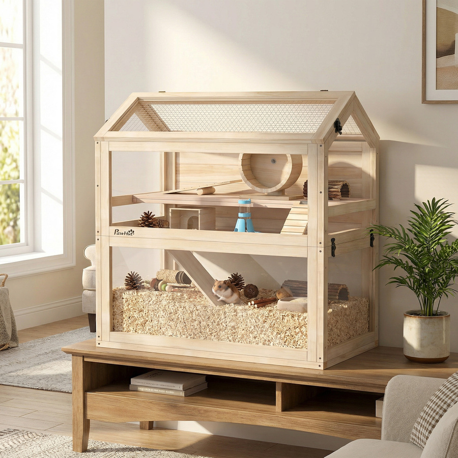 PawHut Hamsterkäfig aus Holz in Braun mit 3 Etagen, Nagerkäfig für Kleintiere inklusive Laufrad, Wippe, Rampe, Hütte und Wasserflasche, B/T/H: 76 x 45,5 x 77 cm - Bild 2