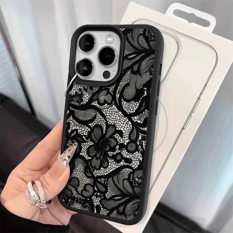 Samsung Handyhülle mit Spitzenmuster Lychee Design in Schwarz für Galaxy S26 S25 FE S24 S23 S22 Ultra Plus A56 A55 A54 A53 A36 A35 A16 A25 Cover - Bild 5