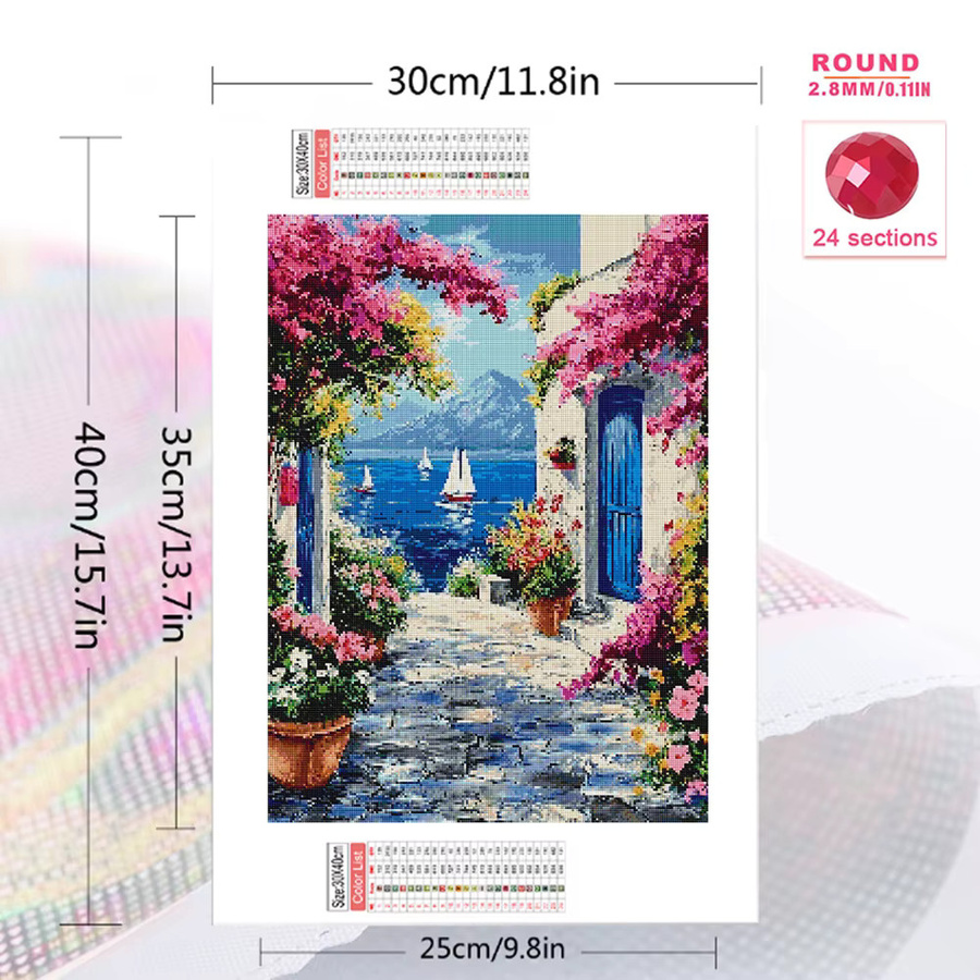 Evershine 5D Voll-Diamant-Stickerei Küstenlandschaft mit Boot und Blumen als Mosaik-Strass-Bild in Multicolour, B/H: 30 x 20 cm - Bild 2