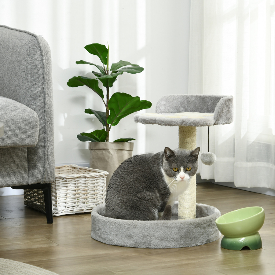 PawHut Kratzbaum für Katzen bis 5 kg mit Liegeflächen, Ball und Kratzsäule aus Plüsch und Juteseil, Hellgrau, B/T/H: 41 x 41 x 44 cm, Aosom - Bild 2