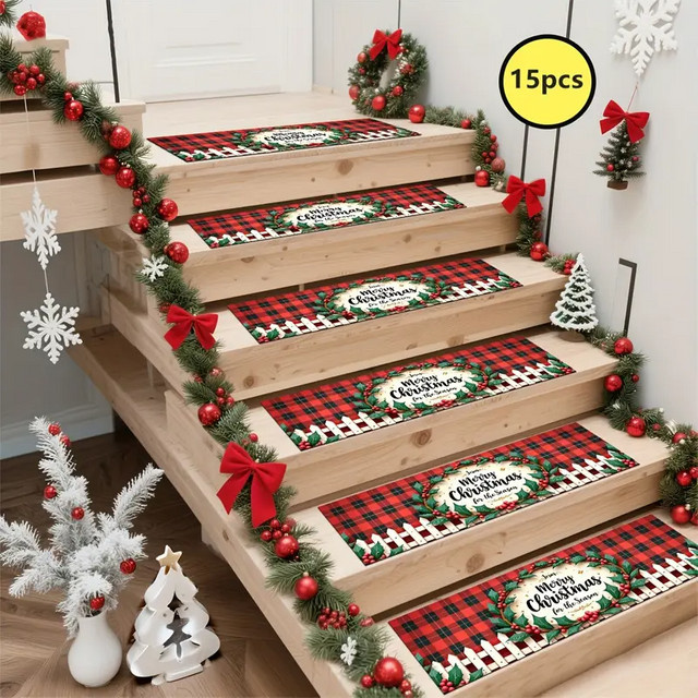 VIKAMA 15 Stück Weihnachts-Treppenmatten, rutschfeste Treppenteppiche als dekorative Trittmatten für Innen und Außen, Multicolor - Bild 1