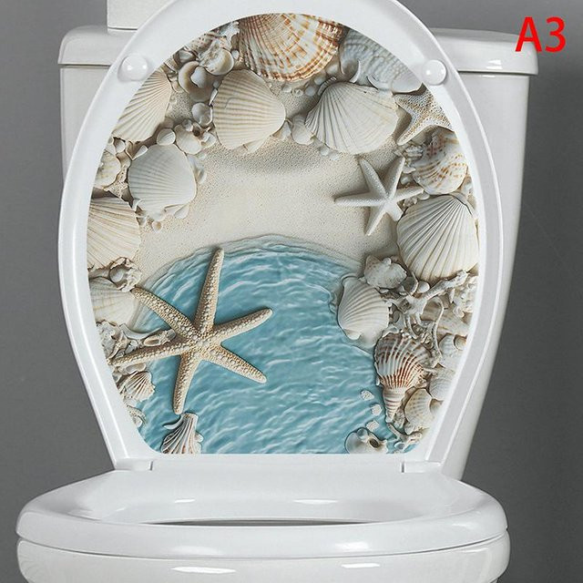 Wasserdichter und wiederverwendbarer PVC-Aufkleber für Badezimmer mit blauem Muschel- und Seestern-Design zur Dekoration von WC-Deckel oder Wand - Bild 1