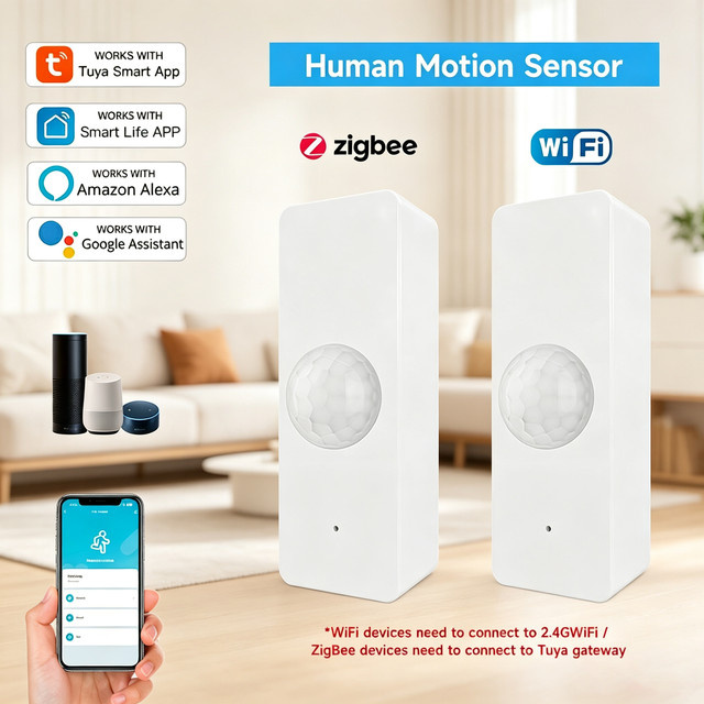 Tuya Smart Life PIR-Bewegungssensor WiFi und Zigbee Infrarot-Personendetektor für Sicherheitsalarm und Hausautomation in Weiß, kompatibel mit Alexa und Google - Bild 1