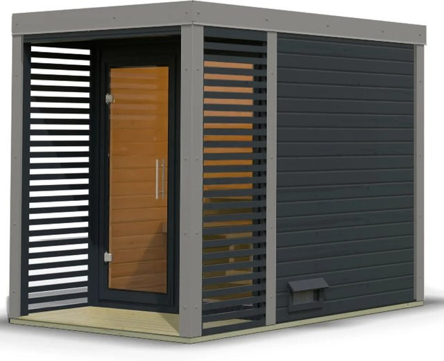 Karibu Saunahaus Seros in Blockbohlenbauweise aus Fichte und Espe mit Glasfront in Anthrazit und Graualuminium - Bild 1